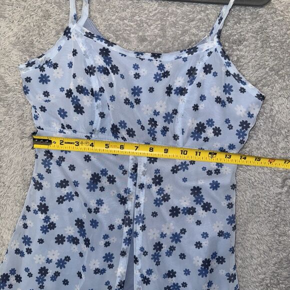 Vtg Y2K 575 Blue Floral Slip Dress Mesh Overlay Made in USA Sz 7 Fairy Coquette - Picture 9 of 10